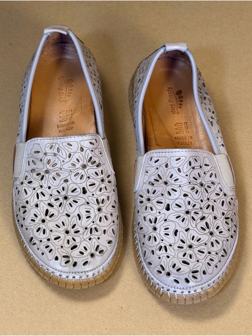 Spring Step Women's Perforated Slip-On Loafers in Light Beige and Tan - Picture 2 of 7